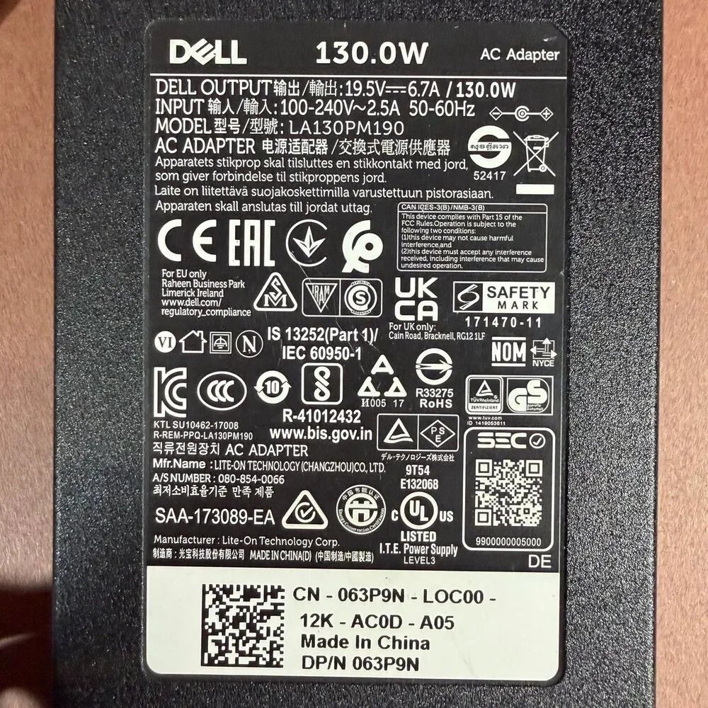 Dell LA130PM190 130W Adapter Charger 19.5v - 6.7A / 130.0w